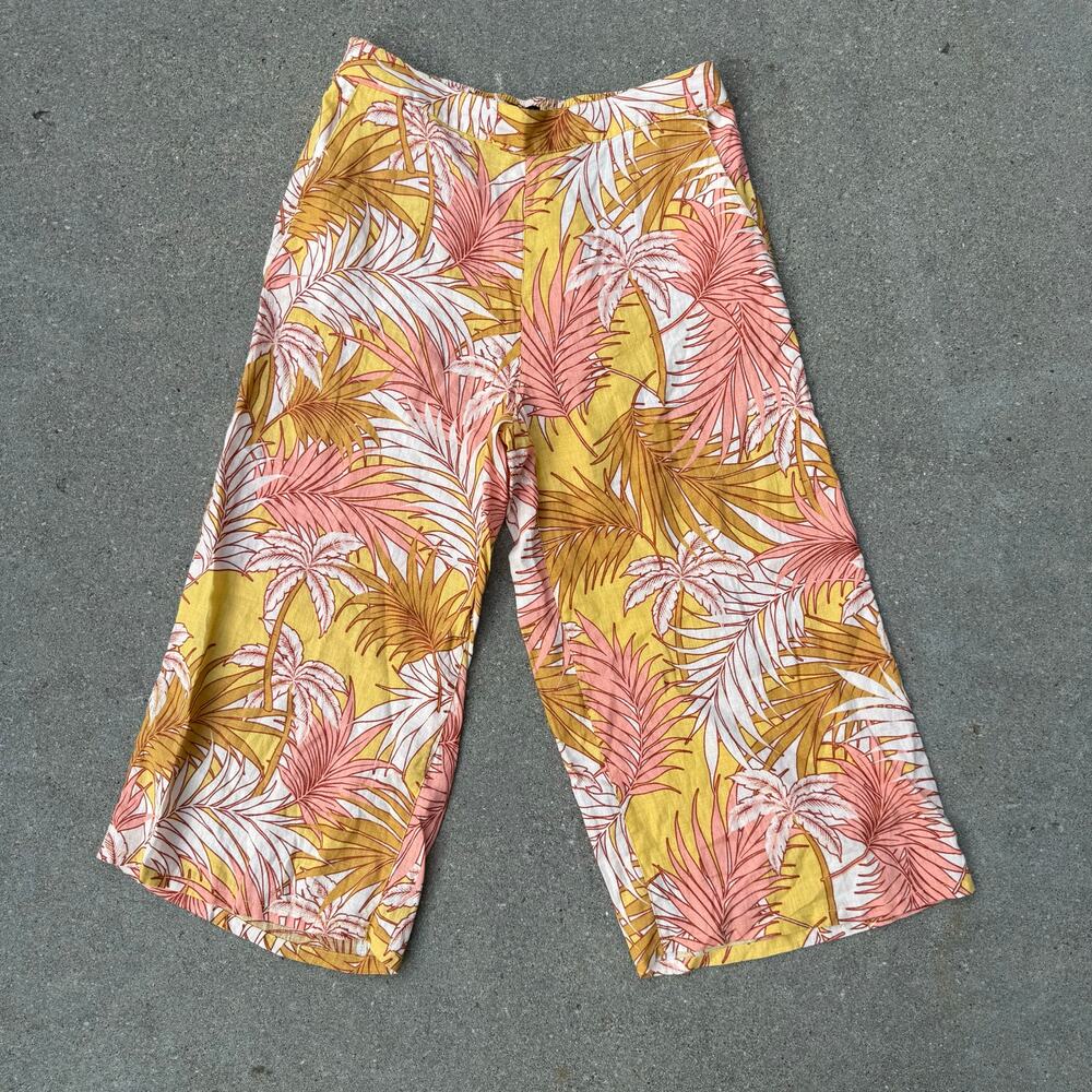 Tahari Linen Wide Leg Crop Pants Tropical Palm Leaf Yellow Pink Linen XL NWT